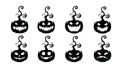 Collection of eight black halloween pumpkin silhouettes with different facial expressions and curly stems