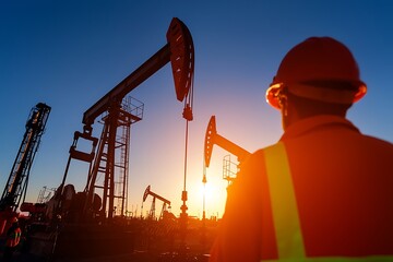 Workers at Oil Rig during Sunset with Pump Jacks in Operation Against Vibrant Sky