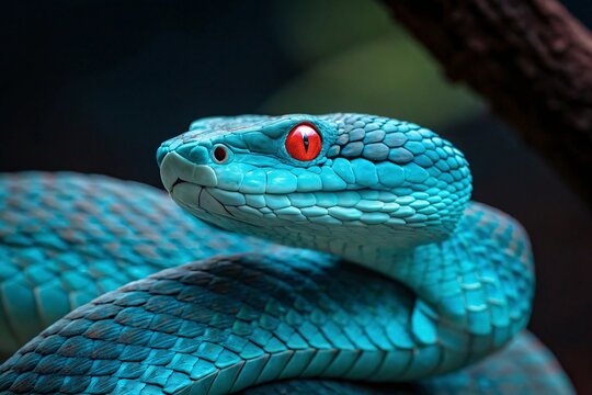 Striking blue viper with bright red eyes snake scales