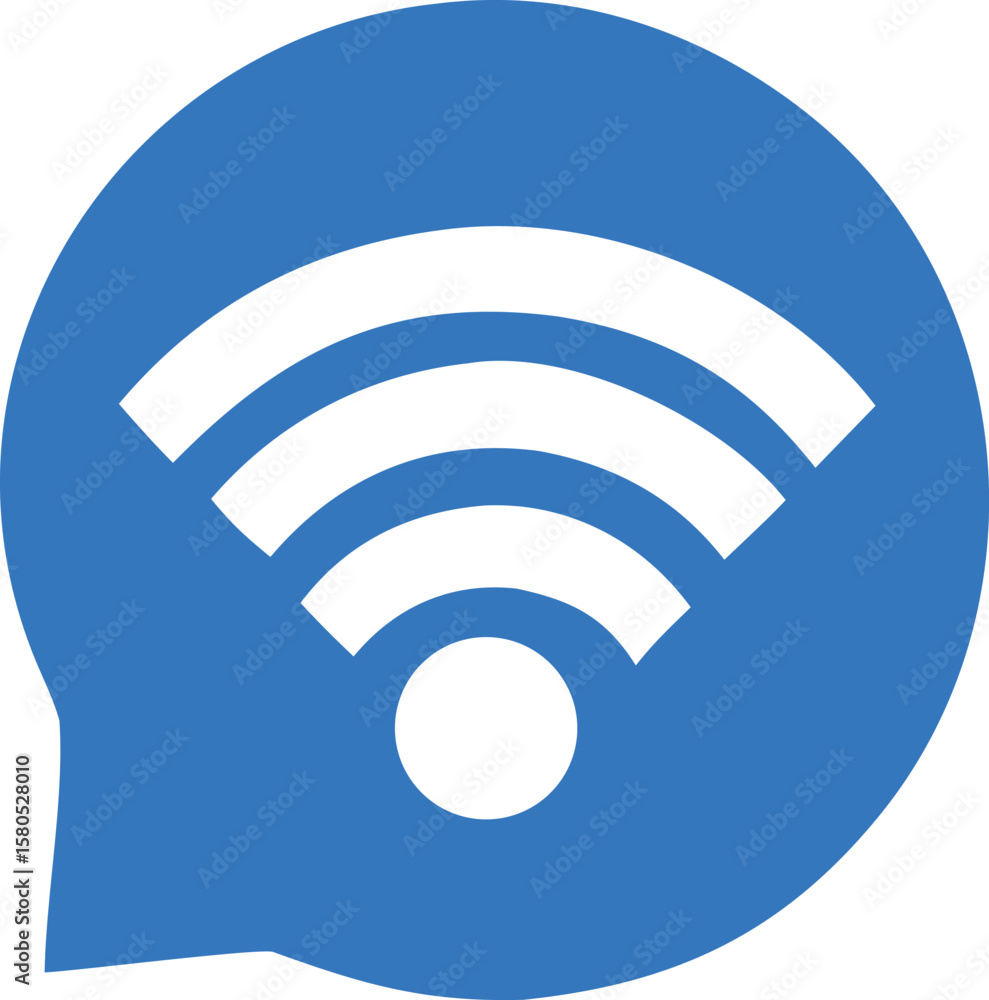 Poster a blue speech bubble icon with a white wi fi symbol inside representing wireless communication and c