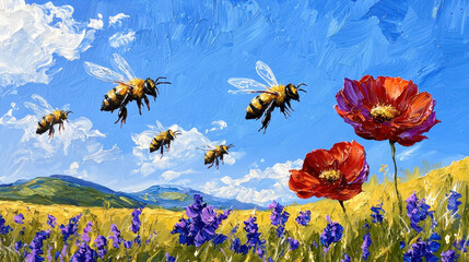 Vibrant landscape featuring bees flying among colorful flowers under bright blue sky, evoking sense of nature beauty and harmony