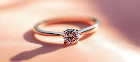 Elegant solitaire diamond ring shining in a luxurious close-up setting with delicate sparkle dramatic shadows gentle backlighting and a smooth velvety background

