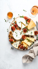 A beautiful cheese platter with assorted cheeses, dried fruits, and herbs, perfect for gatherings and outdoor events.