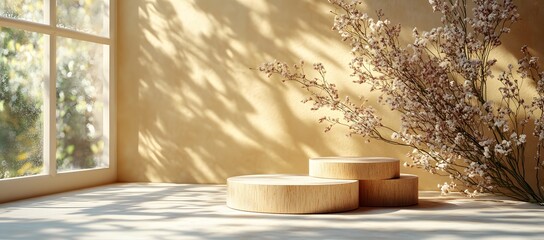 Fototapeta premium Sunlit Studio: Wooden Platforms with Delicate Floral Accent and
