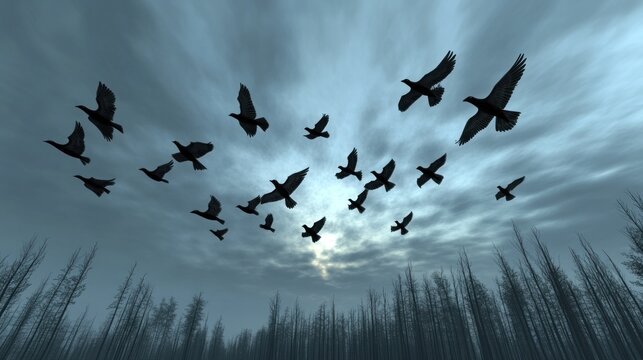 A flock of birds soars above a dark forest - Powered by Adobe