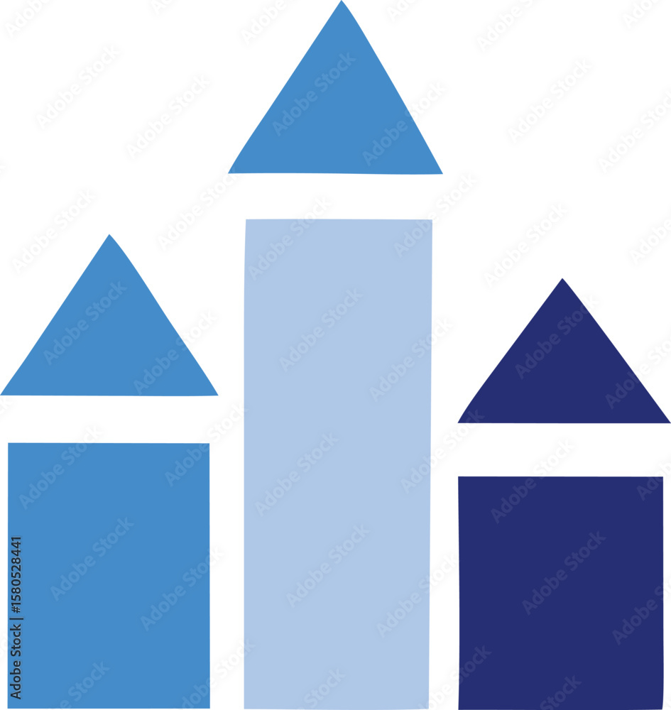 Poster geometric abstract composition featuring three blue triangles atop rectangular blocks in varying sha