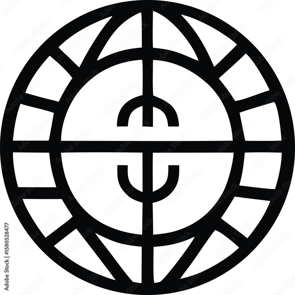 Poster stylized black globe symbol featuring a euro currency sign centered within intersecting lines and se
