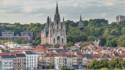 Aerial view of Notre Dame de Laeken church spires timelapse in Brussels, Belgium.