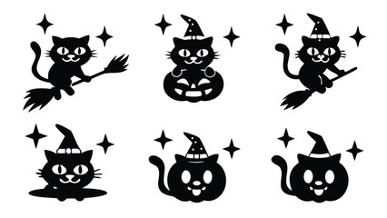 Collection of six black cat halloween illustrations with stars and pumpkins in silhouette style
