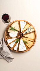 A beautifully arranged cheese platter with a selection of cheeses, nuts, and a glass of red wine.