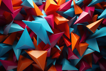 Surreal representation of flying triangles showcasing abstract geometry