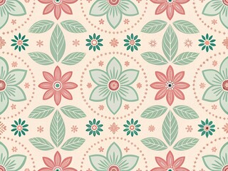 Obraz premium Retro floral pattern with mint green and coral flowers and leaves