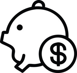 Simple black outline icon of a piggy bank with a dollar sign coin representing savings and financial growth