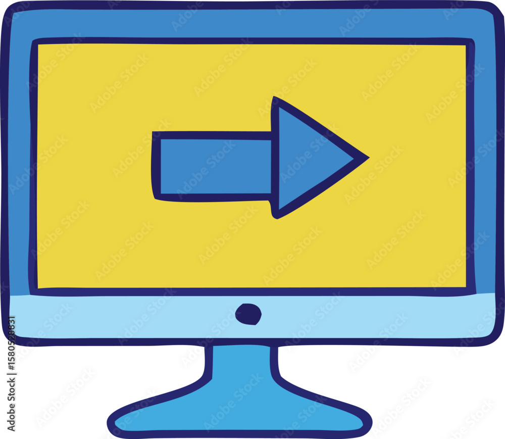 Fototapete Simple cartoon computer monitor displaying a blue arrow pointing to the right on a yellow screen with a blue outline