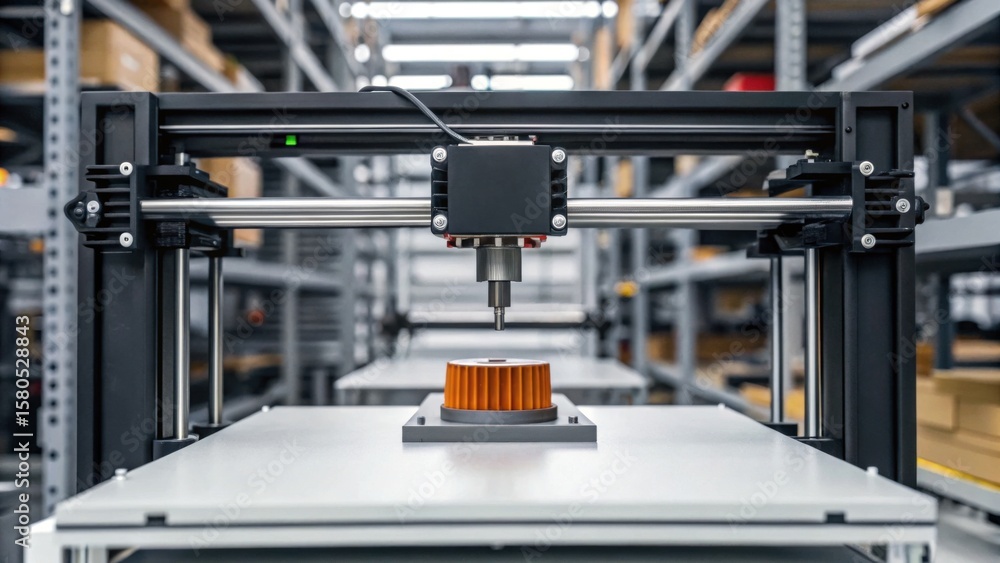 Poster a 3d printer creating an orange mechanical part inside an industrial warehouse with shelves and boxe