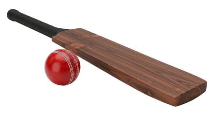 A cricket bat with black handle and a red leather ball on a black background in a studio shot