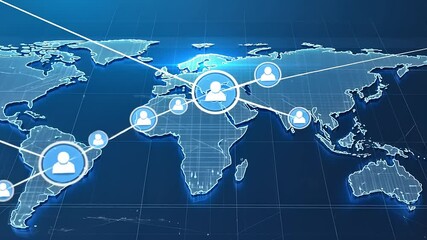 Global network visualization with people icons on a world map backdrop - Powered by Adobe