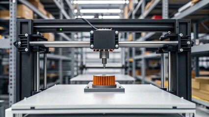 A 3D printer creating an orange mechanical part inside an industrial warehouse with shelves and boxes in the background.