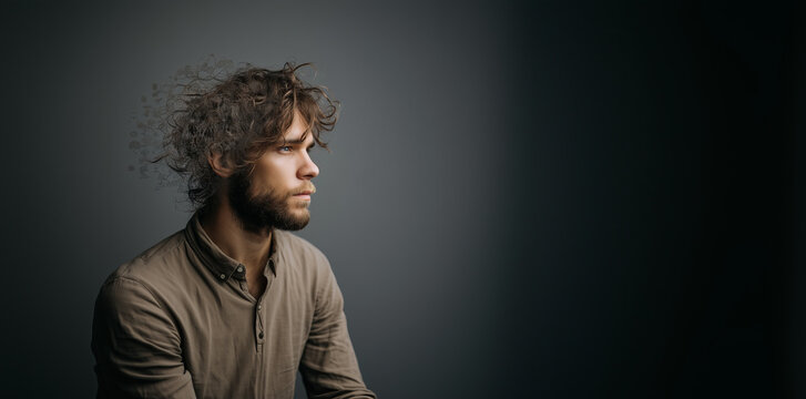 Thoughtful young man with tousled hair and beard sitting against a dark background, exhibiting a sense of introspection and creativity