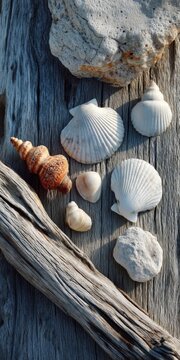 Seashells and Driftwood on Weathered Wood