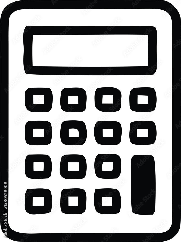 Poster simple black and white hand drawn icon of a calculator with a display screen and a grid of buttons f