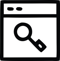 Simple black and white illustration of a magnifying glass over a browser window representing search or discovery