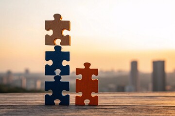 Wooden puzzle pieces stacked blue orange brown image