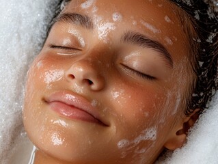 Young woman relaxing with foam in bathroom during daytime