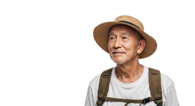 Elderly Asian man smiling while wearing a hat and backpack outdoors  