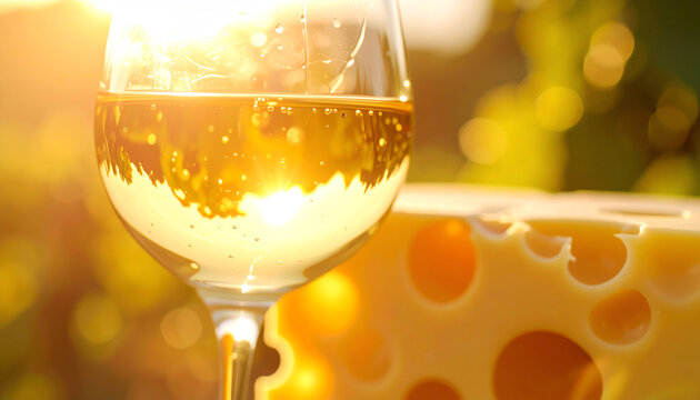 A vibrant glass of sparkling wine beside a block of cheese, illuminated by warm sunlight, evoking a cozy atmosphere.