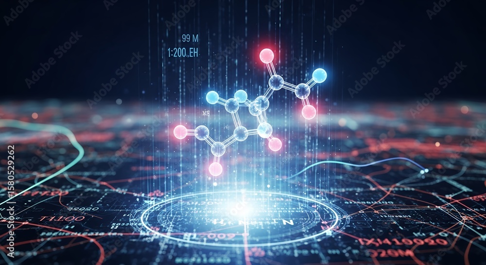 Poster abstract glowing molecule model hovers above futuristic network data interface display, concept for 