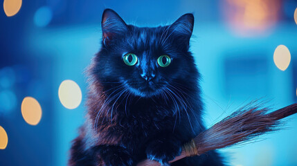 Spooky black cat with bright green eyes sits on broomstick, surrounded by mystical blue glow and soft bokeh lights, creating enchanting atmosphere