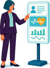 Illustration of an executive viewing medical data and health charts on a digital screen. Woman Interacting with a Digital Health Dashboard.