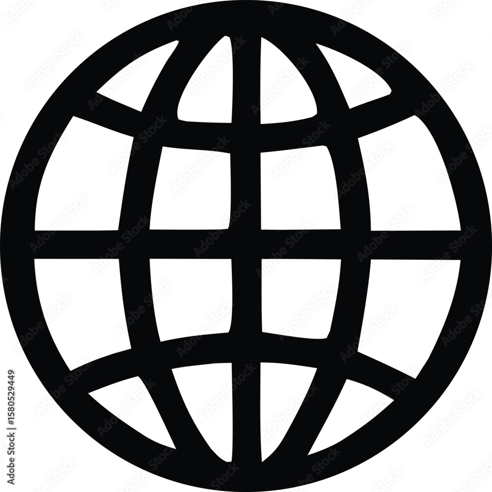 Poster simple black and white graphic representation of a globe with intersecting lines symbolizing contine
