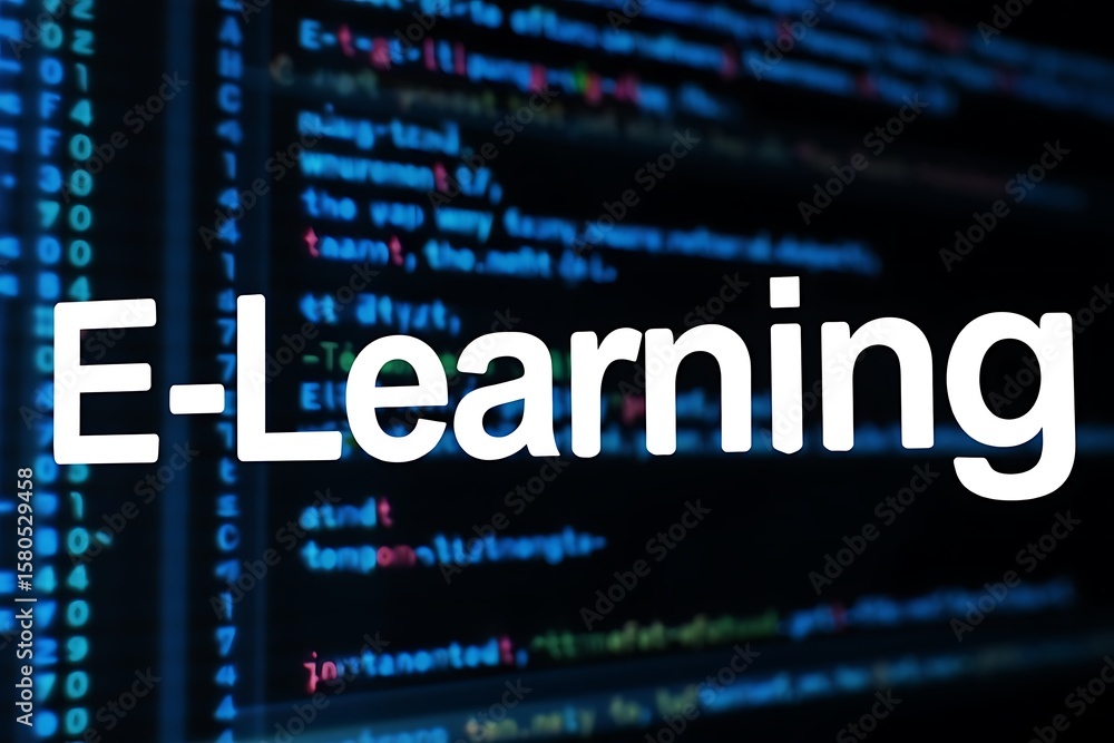 Fototapete white text e learning against a dark blue background of computer code education technology