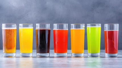 Refreshing sports drinks in various colors displayed in clear glasses, showcasing vibrant hues and enticing textures