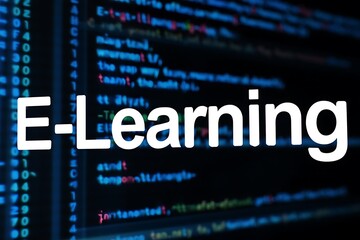 Obraz premium White text e learning against a dark blue background of computer code education technology