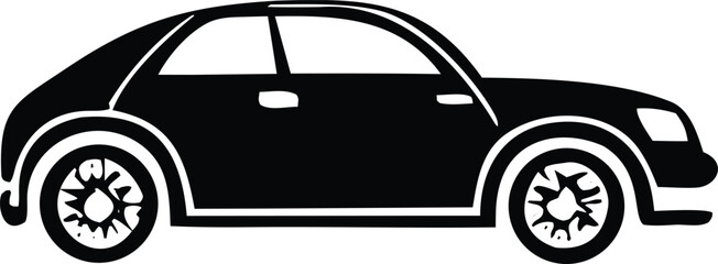 Stylized silhouette of a modern black sedan with distinctive wheels and clean lines on a white background