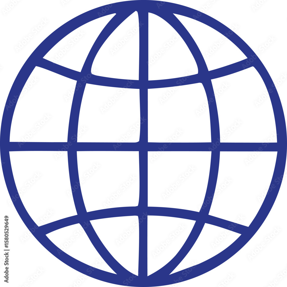 Poster a simple blue globe icon with a grid overlay representing lines of latitude and longitude on a white