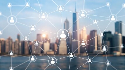 Digital social network overlay on a city skyline, symbolizing online connections and communication in an urban environment.