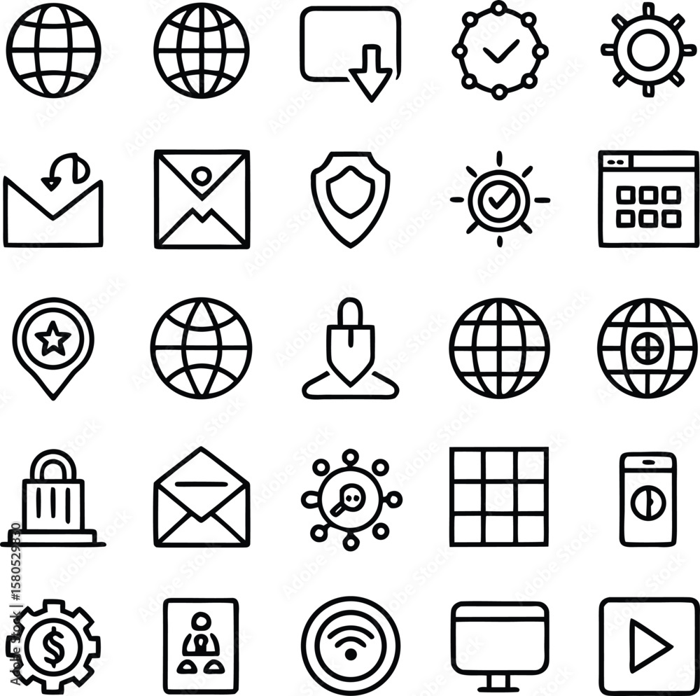 Fototapete A collection of hand drawn outline icons representing technology communication security and business concepts for digital interfaces