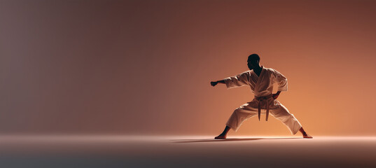 Karate practitioner demonstrating a powerful stance in a dynamic, warm-lit studio setting