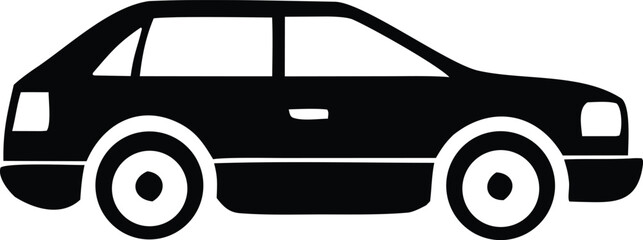 A simple black silhouette of a modern hatchback car viewed from the side against a white background