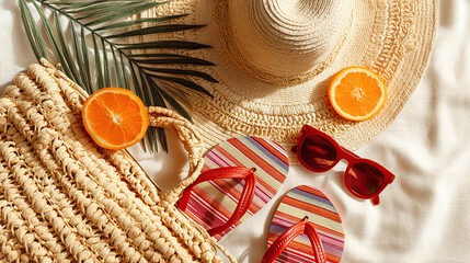Flat lay summer beach vacation essentials straw hat tote bag sunglasses and flip flops travel concept