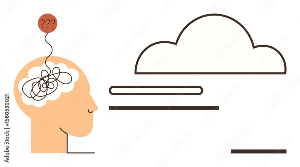 Poster tangled lines in human head with cloud and question marks symbolizing confusion, unclear thoughts, b