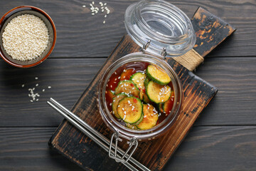 Korean trendy cucumber spiced salad in a bowl on the table