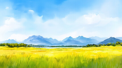 Beautiful watercolor landscape featuring rolling mountains, vibrant green fields, and clear blue sky, evoking sense of tranquility and nature
