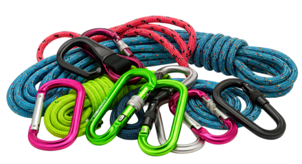 Close up shot of climbing ropes and carabiners in various colors and sizes in a pile on black backdrop