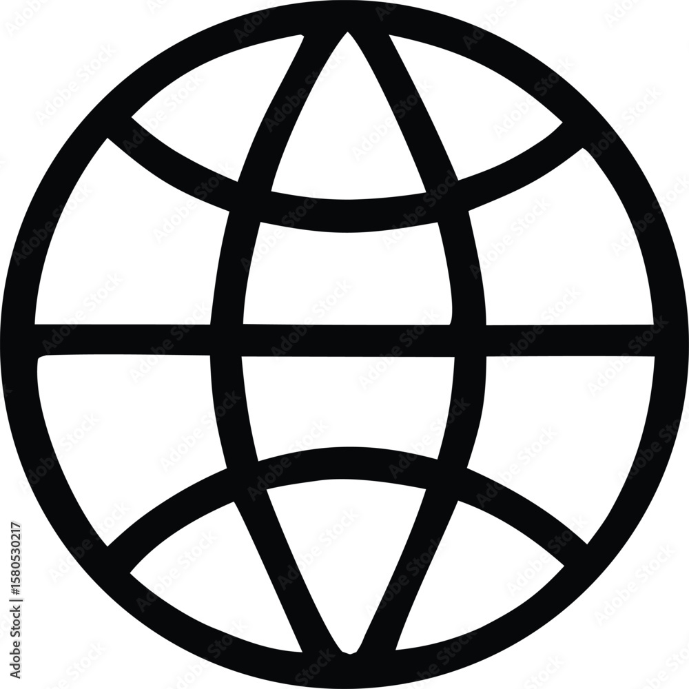 Poster a bold black outline of a stylized globe symbol representing the internet global connection and worl