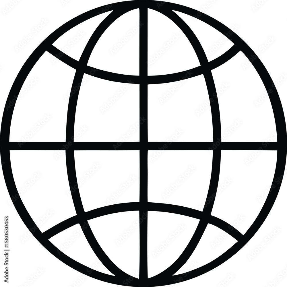 Poster a simple black outline of a stylized globe with intersecting lines representing longitude and latitu